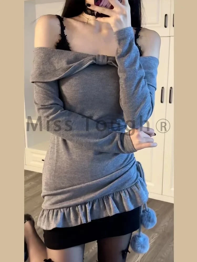 Winter New Knitted Two Piece Dress Suit Women Black Lace Dresses + Pretty Grey Pullovers Korean Fashion Design Sweater Set 2024