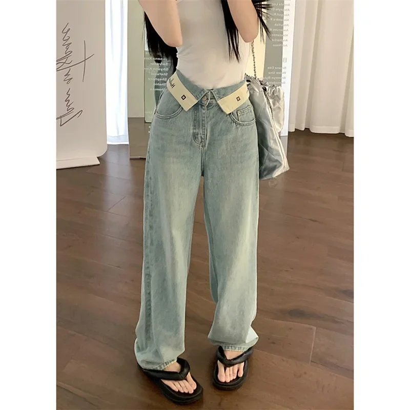 Retro Flip The Edge Waist Letter Wide-leg Jeans.Four Seasons New Fashion Loose Straight-leg Casual Floor-length Jeans for Women
