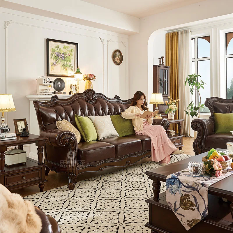 

Customizable American Country Vintage Solid Wood Leather Sofa