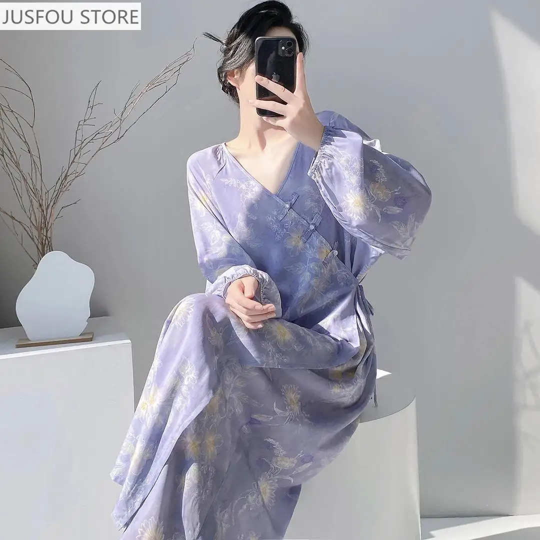 

Элегантная ночная сорочка из хлопка и шелка с цветочным принтом, женская, в китайском стиле, с длинными рукавами, свободного кроя, больших размеров, в национальном стиле, для дома