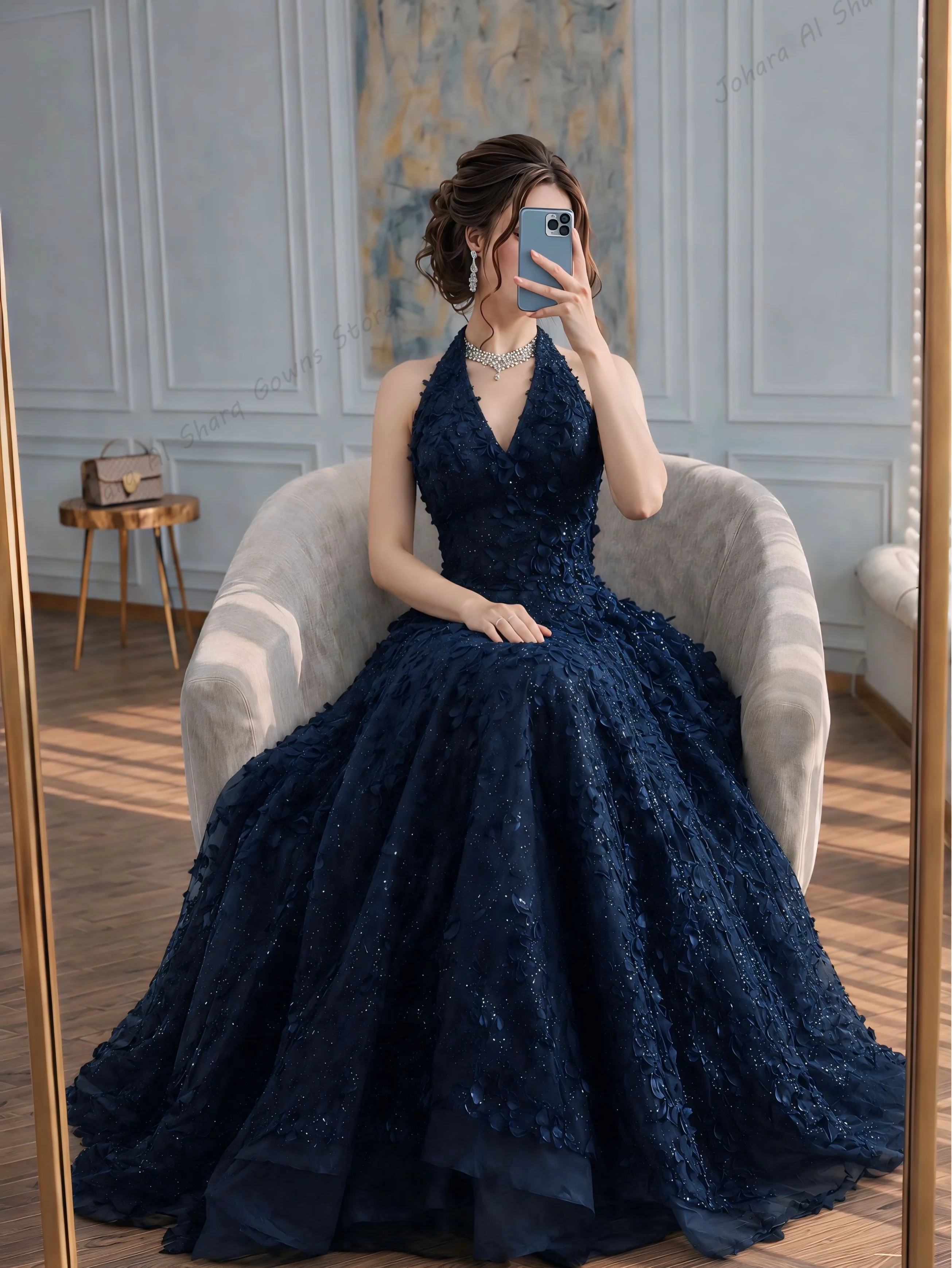 Evening Dress Halter Keyhole Neck A‑Line 3D Floral Appliques Blue Formal Gowns for Occasion Dubai Wedding Guest Custom Made