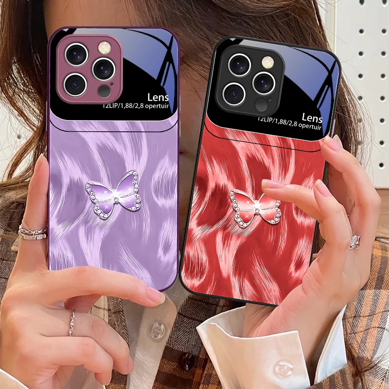 

Pink Diamond Butterfly For iPhone 17 Air 16 E 15 14 13 Plus 12 mini 11 17 Pro Max XR Xs Max 16E 7 8 Tempered Glass Phone Case