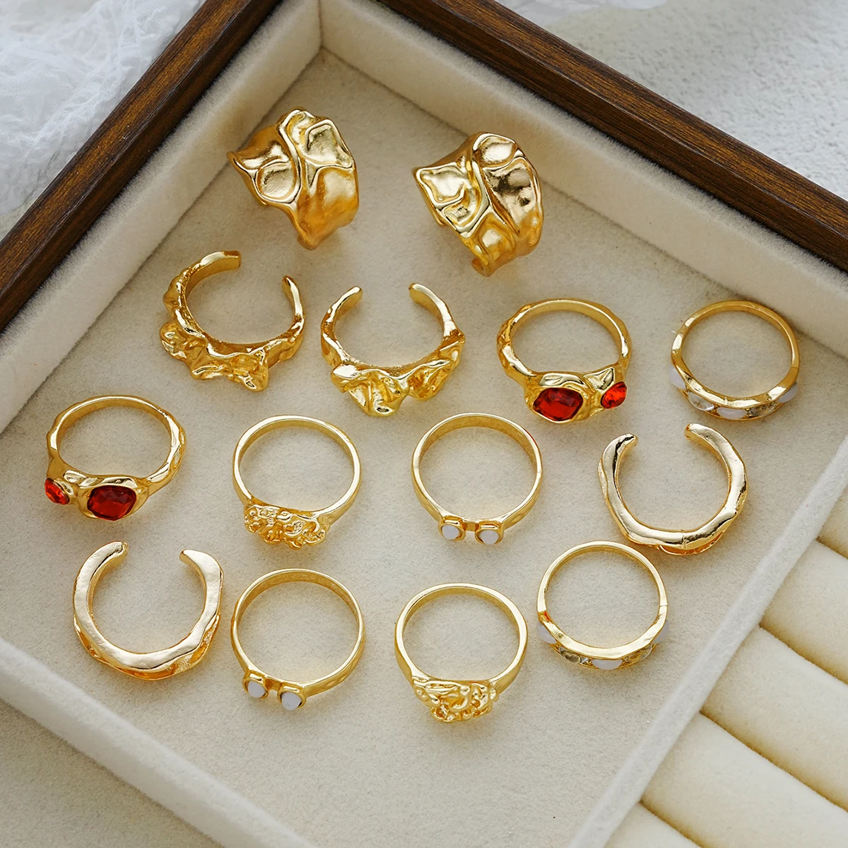 7/14Pcs Punk Colorful Crystal Gold Color Ring Set For Women Fashion Irregular Gemstone Rings Chunky Party Daily Wear Jewelry New