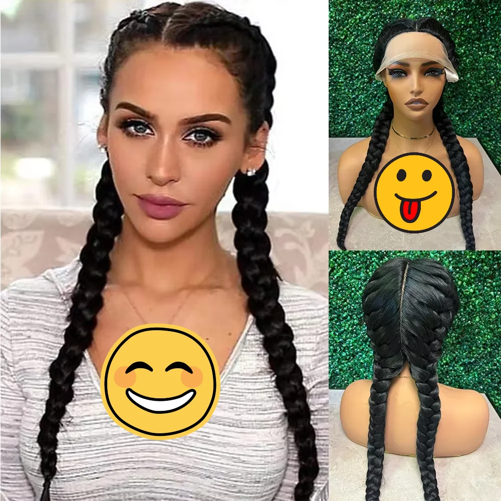 Black Twist Braided Wigs for Women Long Braided Lightweight Wigs Pre Plucked Hairline Realistic HD Transparent  Full Lace Front