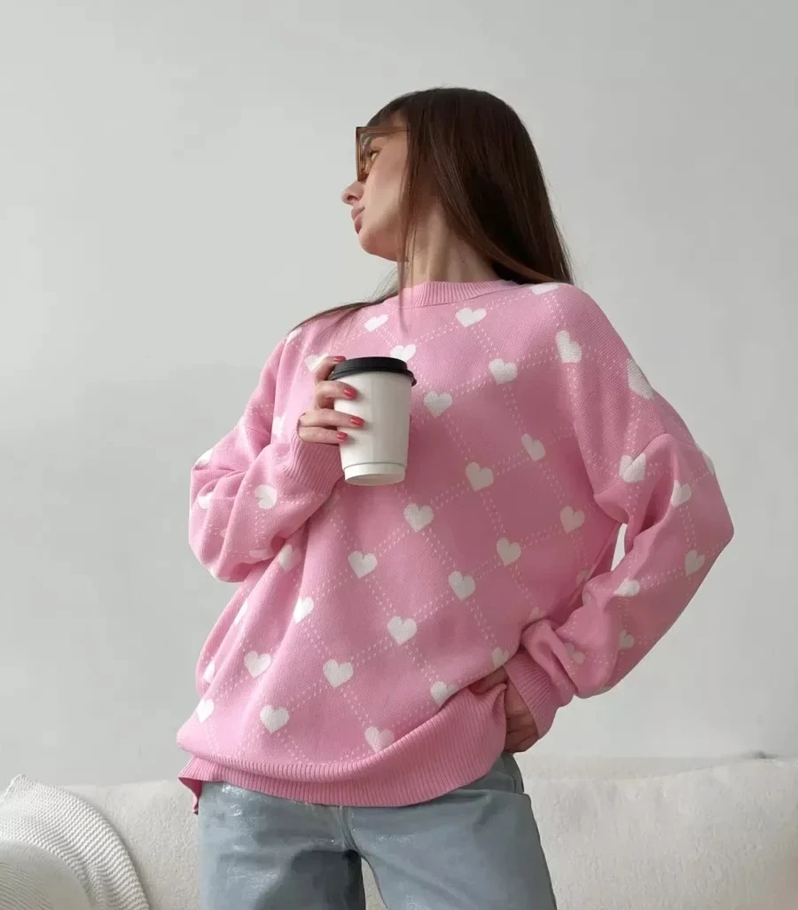 Otoño Invierno nuevo cálido estampado de amor suéter de cuello redondo para mujer suelto Casual longitud media moda Jersey Top