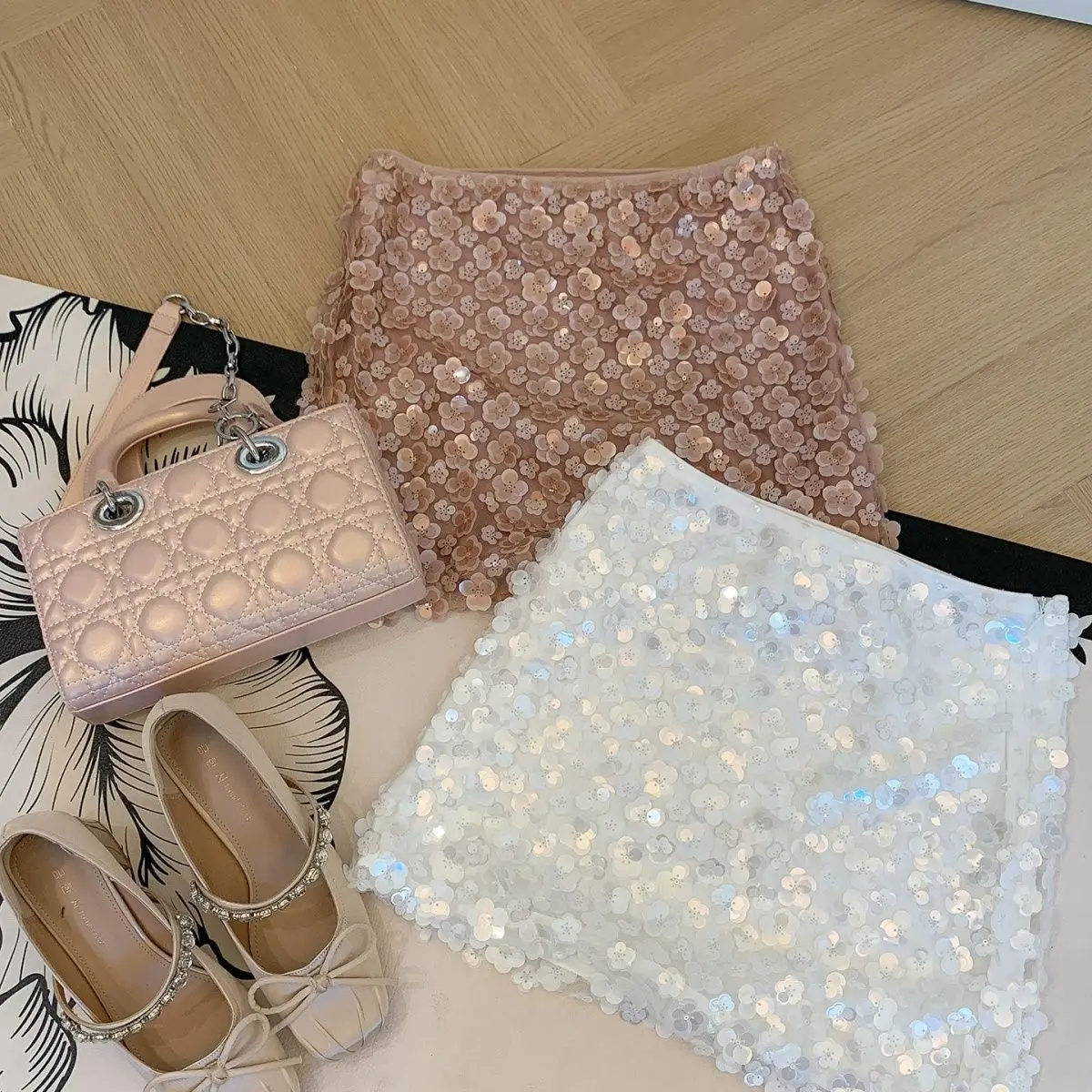Pink Sequined Short Skirt Women's 2026 Spring New High Waist Heavy Industry Design Niche Elegant Temperament Skirt