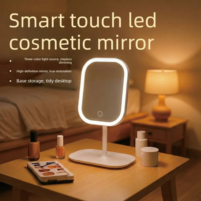 New LED Modern Desktop Vanity Mirror Portable 3 Color Light LED Makeup Touch Mirror for Women Bedroom Dressing Use