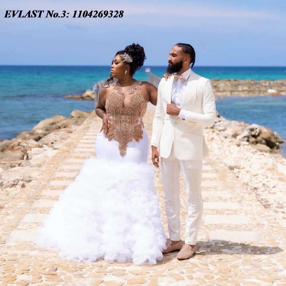 EVLAST Customized Shiny White Ruffles Mermaid Prom Dress Black Girls Gold Crystal Beaded African Birthday Party Gown E3P366
