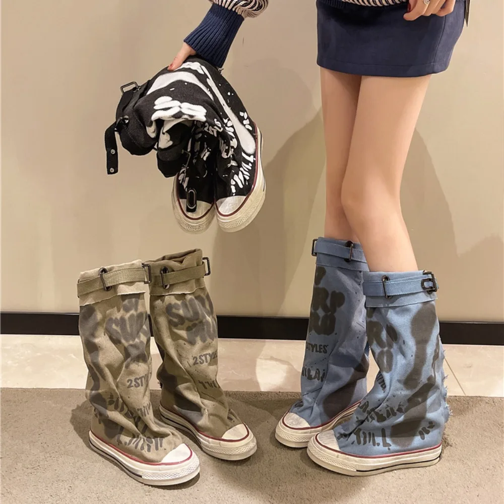 

2025 Women's Canvas Trouser Leg Boots with Letter Graffiti - Pleated Slouchy Boots Unique Design