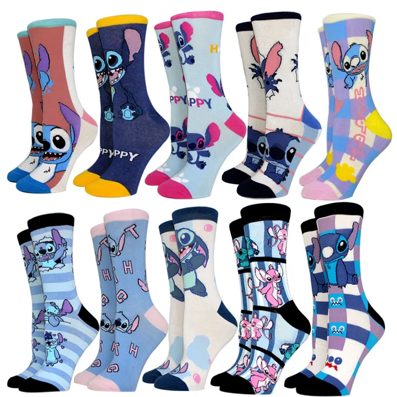 

5 Pairs Women Socks Cotton Comfortable Cartoon Stitch Anime Socks Crew Socks Casual Cute Girl Sock Happy Funny Socks Size 35-40