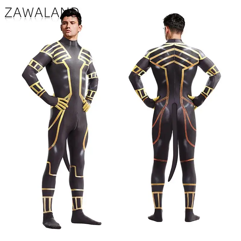 Zawaland Cosplay Anubis Petsuit with Tail Men's Costume Carnival Purim Zentai Suit Crotch Zipper Jumpsuit Holiday Party Clothes