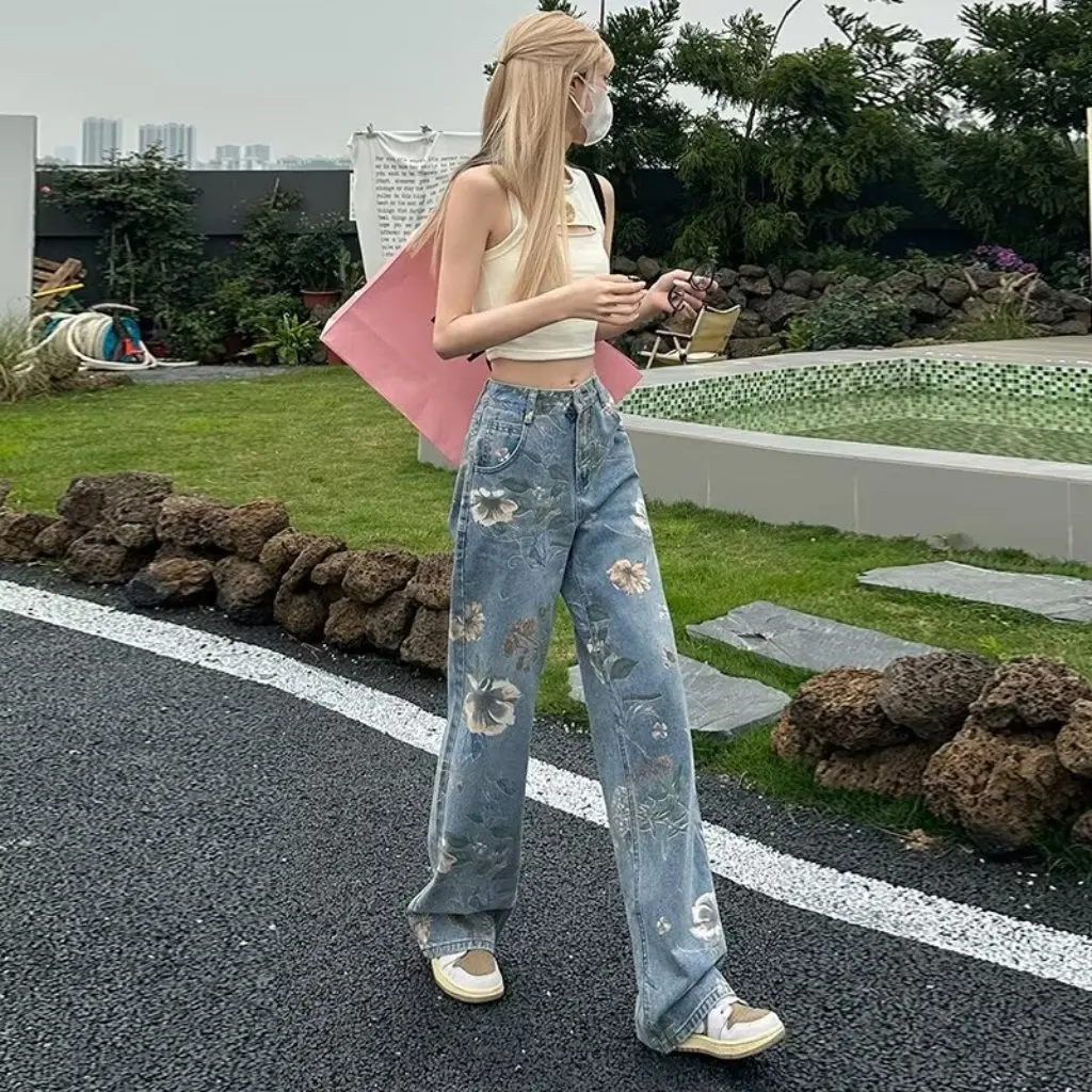 

Женские широкие джинсы с принтом в стиле ретро, прямые брюки со шваброй с цветочным принтом, тонкие летние модные повседневные брюки