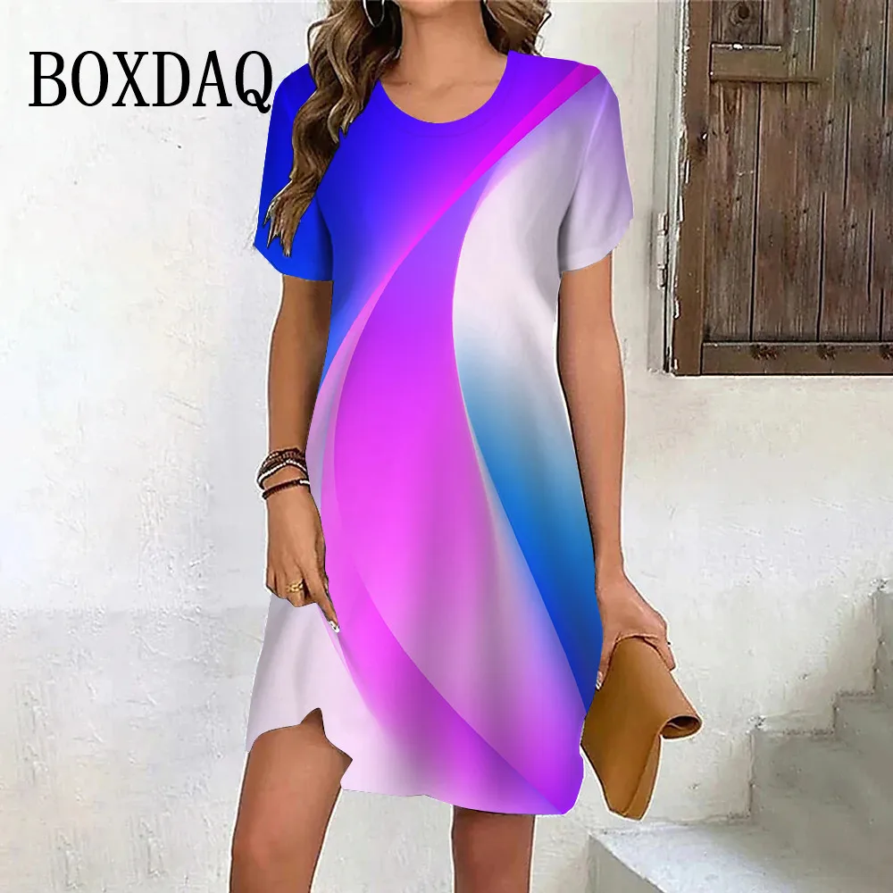 

Fashion Gradient Print Women Dress Summer Plus Size Clothing Casual Loose Party Dress Ladies Short Sleeve Mini Dresses 2024 New