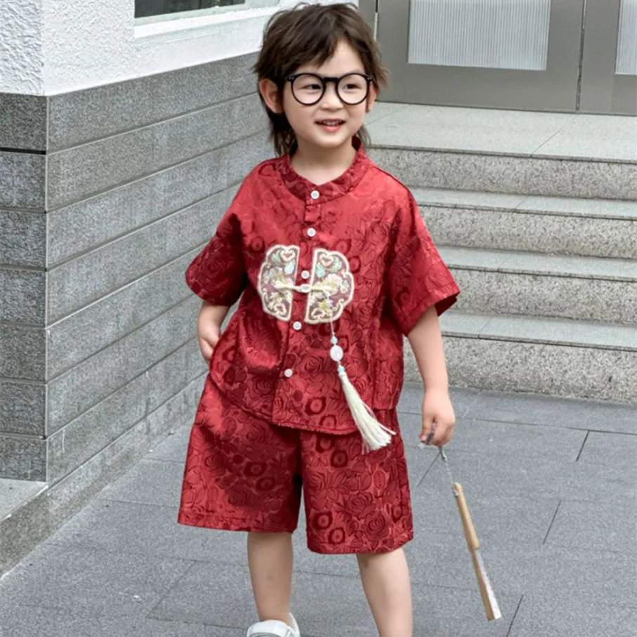 

Summer Short Sleeve 2 Piece Set Boys Costume Kids Clothes Casual Boy Outfit Tang Style Hanfu Suit Baby Fashion Children's Sets