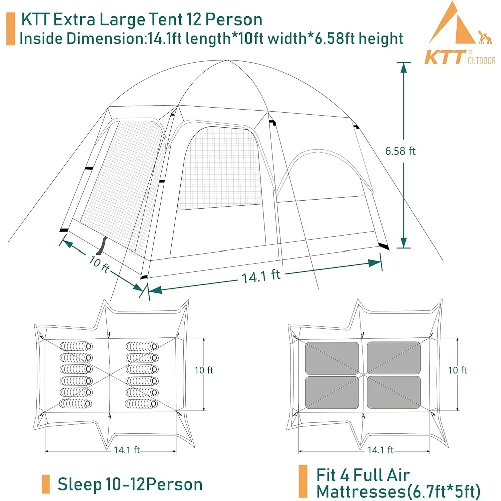 Camping Tent for 12 Person, 2 Rooms,3 Doors and 3 Windows with Mesh,Straight Wall, Waterproof,Double Layer, Family Camping Tent