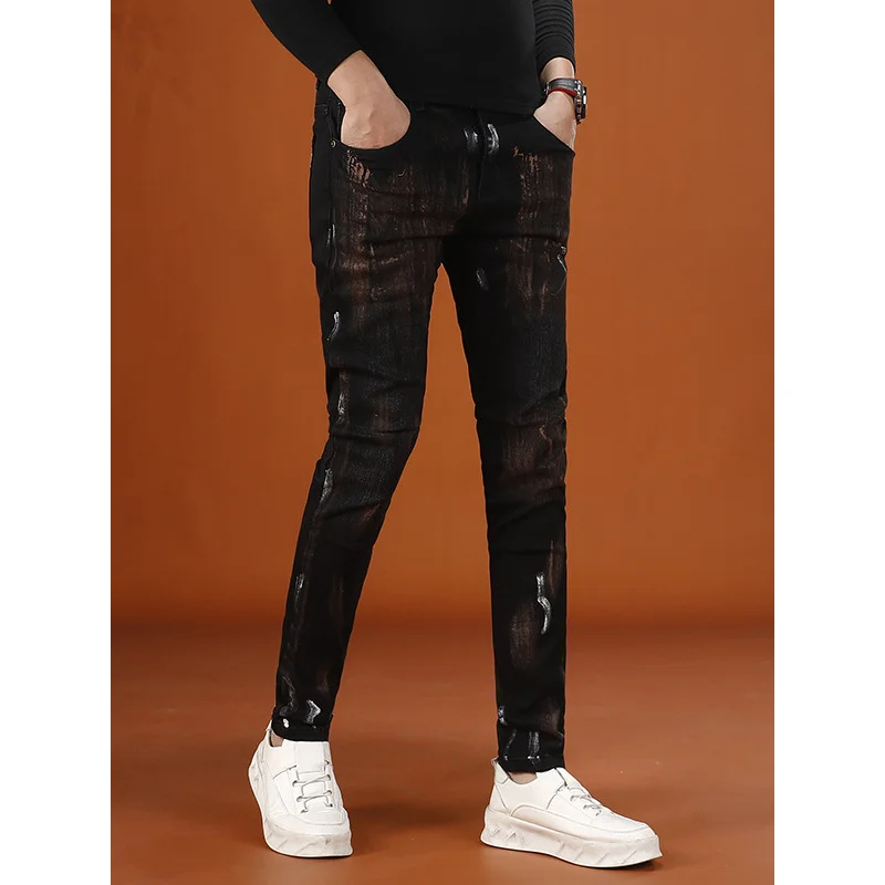 レトロヴィンテージプリントメンズパンツ2025秋新作トレンドストリートファッション伸縮性ジーンズメンズ