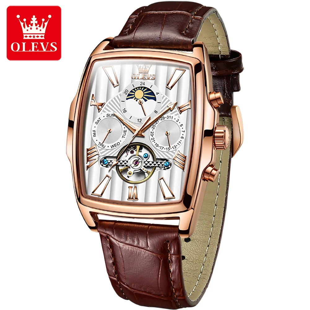 OLEVS 6675 Automatic Mechanical Men\'s Watch Original Leather Strap Square Dial Waterproof Luminous Wristwatch Relogio Masculino