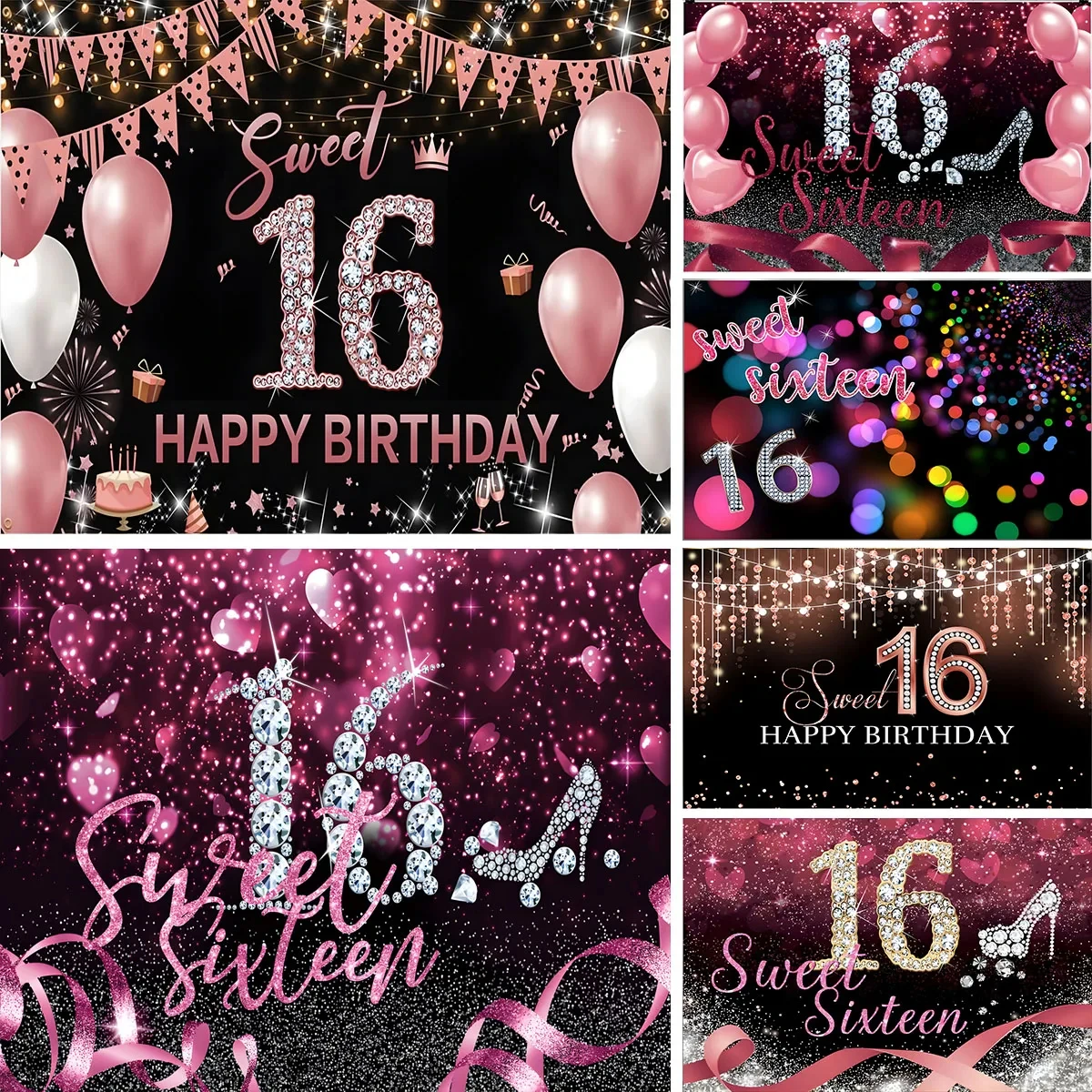 

Happy 16th Birthday Party Decoration Backdrop Banner 16 Years Old Red Black Balloon Diamonds Photography Background for Girls