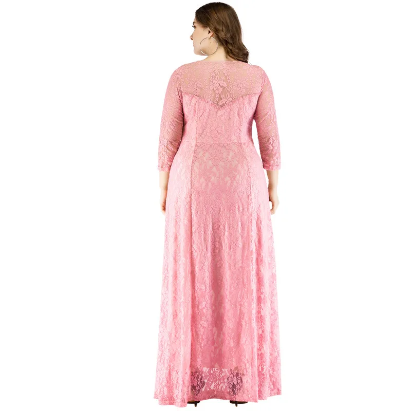 eDressU Plus Size Women Lace Evening Party Dress 3/4 Sleeve A-line Pink Long Large 4XL 5XL 6XL Mother of the Bride Dress SJ-1868