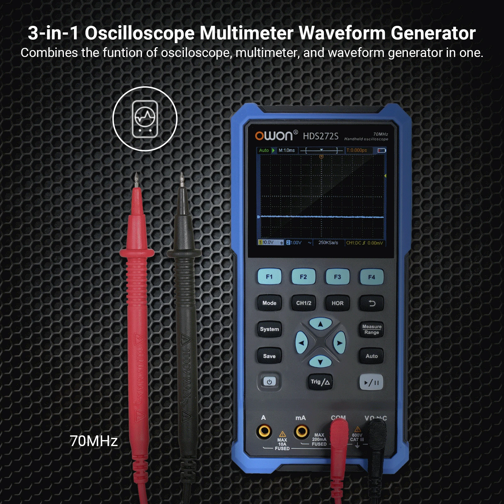 3-in-1 Handheld Digital Scope Meter Oscilloscope Multimeter Waveform Generator HDS272S 2CH 70MHz Bandwidth 20000 Counts