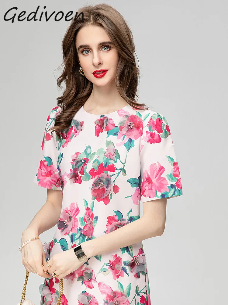 

Gedivoen Fashion Runway Summer Short Dress Women Short Sleeve Beading flower Appliques Printing Party Loose Mini Dresses