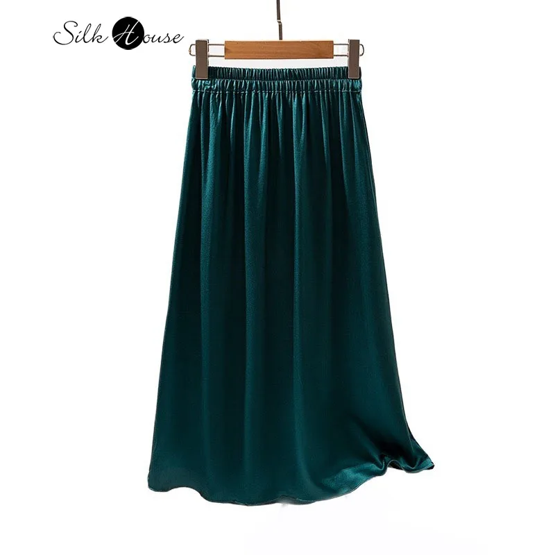 

2024 Women's Autumn New 93% Natural Mulberry Silk Elastin Crepe Satin High Waist Peacock Blue Women's Fashion Skirt