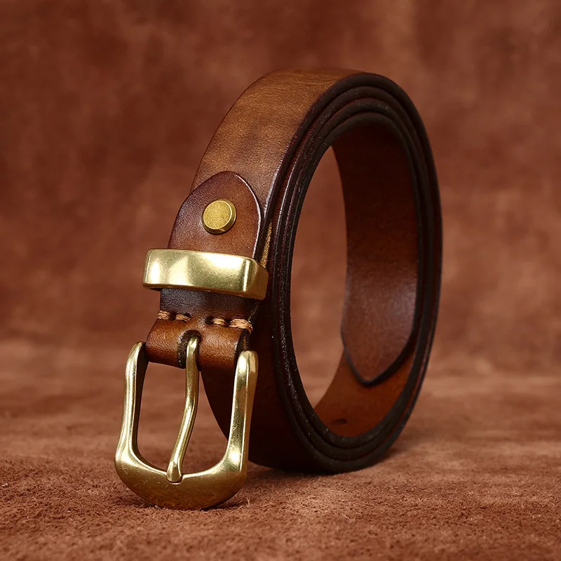 Retro distressed wrinkled washed leather belt for women, made of genuine vegetable-tanned cowhide, fashionable denim pants belt.