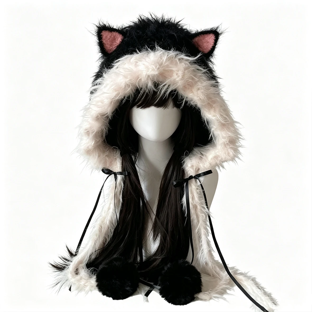 Custom Handmade Crochet Cat Ear Plush Hood Girls Fuzzy Black Pink Winter Warm Knit Beanie Women Kawaii Gothic Lolita Headwarmer