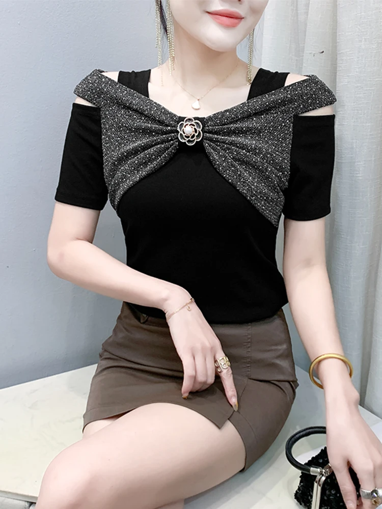 Faionable Damen Sexy Oulder Bared Ort Sve T-Shirt Slim Fit f Sve Sommer New Sle Diamond Embellied Top