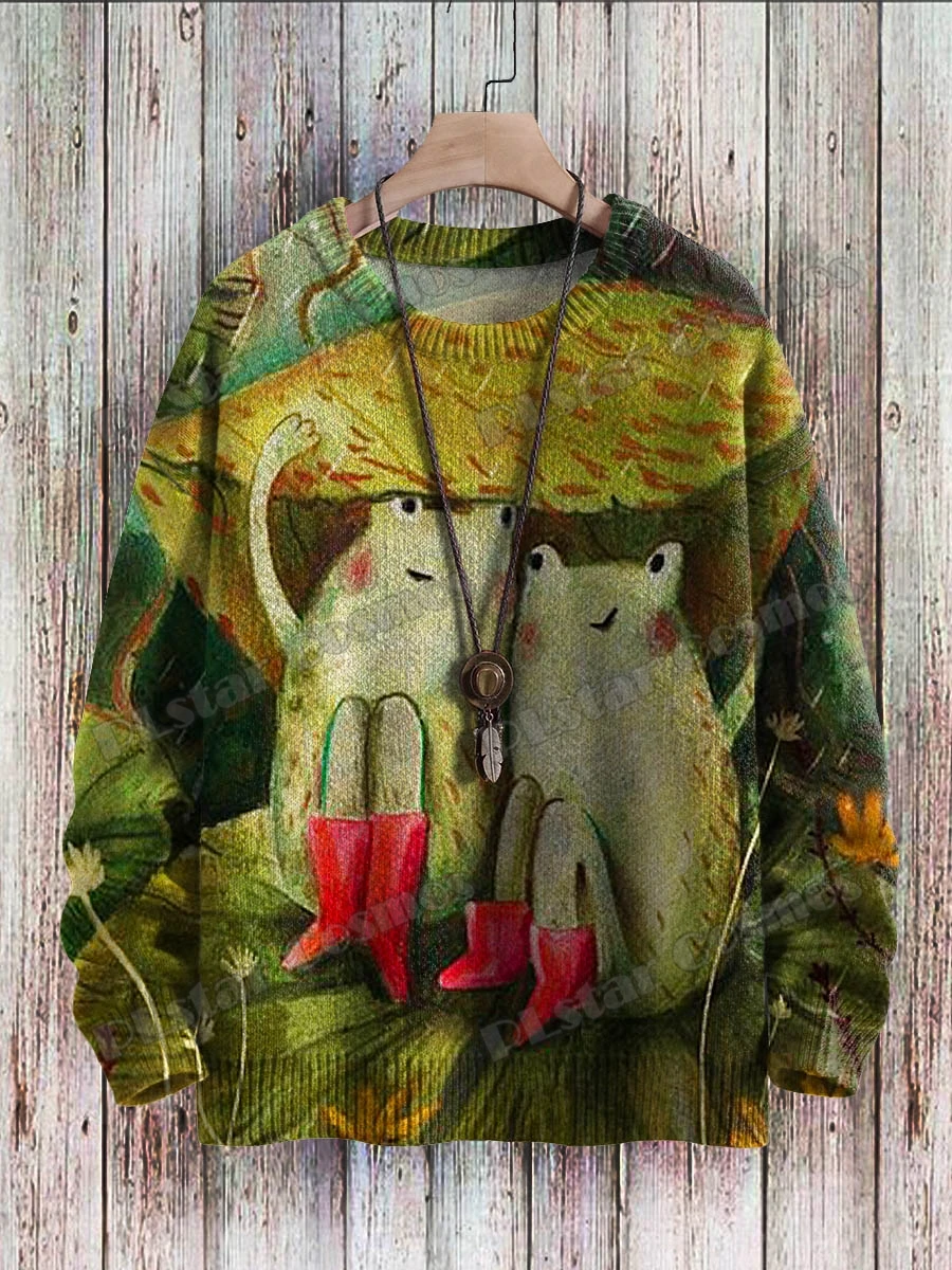 Funny Frog Dance Music Moon Art Pattern 3D Printed Men's Knitted Pullover Winter Unisex Casual Knit Pullover Sweater ZZM121