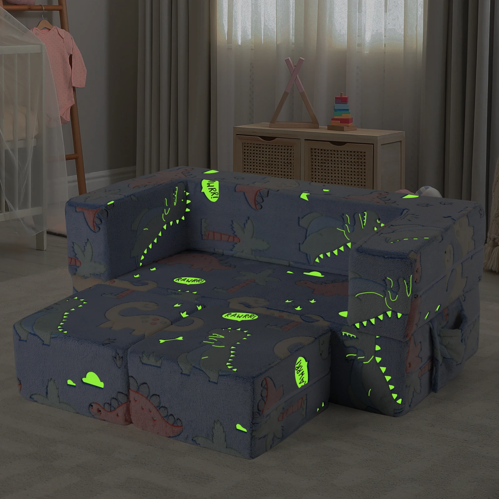 Kids Sofa Couch, Modular Toddler Couch Dinosaur Glow in Dark, Fold Out Play Plush Foam Chair w/ 2 Ottomans 1 Side Pocket