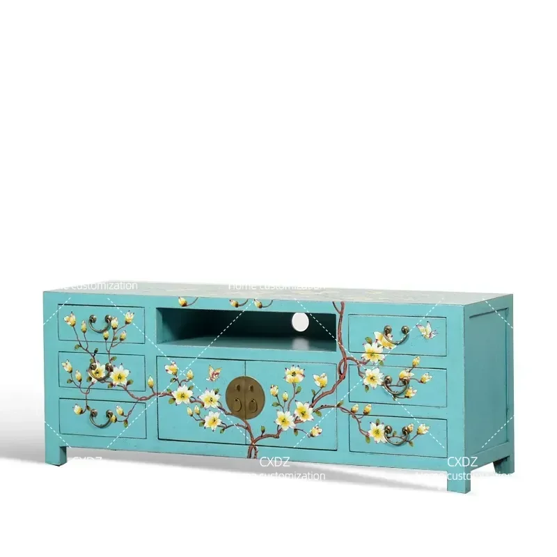 New Chinese Style Solid Wood Elm TV Cabinet Hand Painted Flowers Birds Antique Simple Living Room Storage Floor Audio Visual