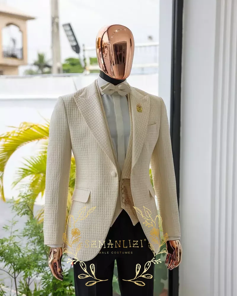 3 Piece Plaid Mens Suit Formal Business Slim Fit Blazer Male Prom Groom Wear Tuxedos Set Terno Masculino Jacket+Vest+Pant