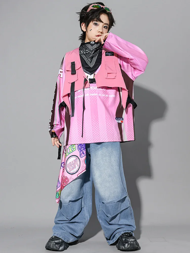 Kinder-Streetdance-Auftrittsoutfit Jungen Hip-Hop Denim-Kleidungsset Atmungsaktive Polyesterfaser Rundhals-Print-Design – Detail 9