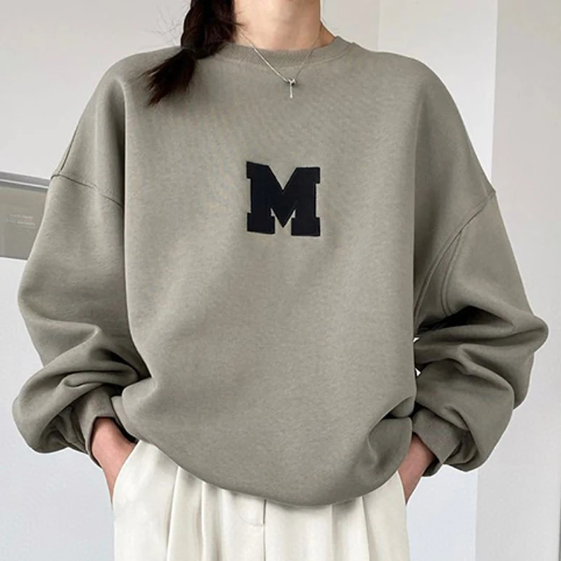 Women Oversized Sweatshirt Autumn Winter Warm Girls Loose Sports Sweatshirts Letter Solid Color Long Sleeve Casual Hoodies