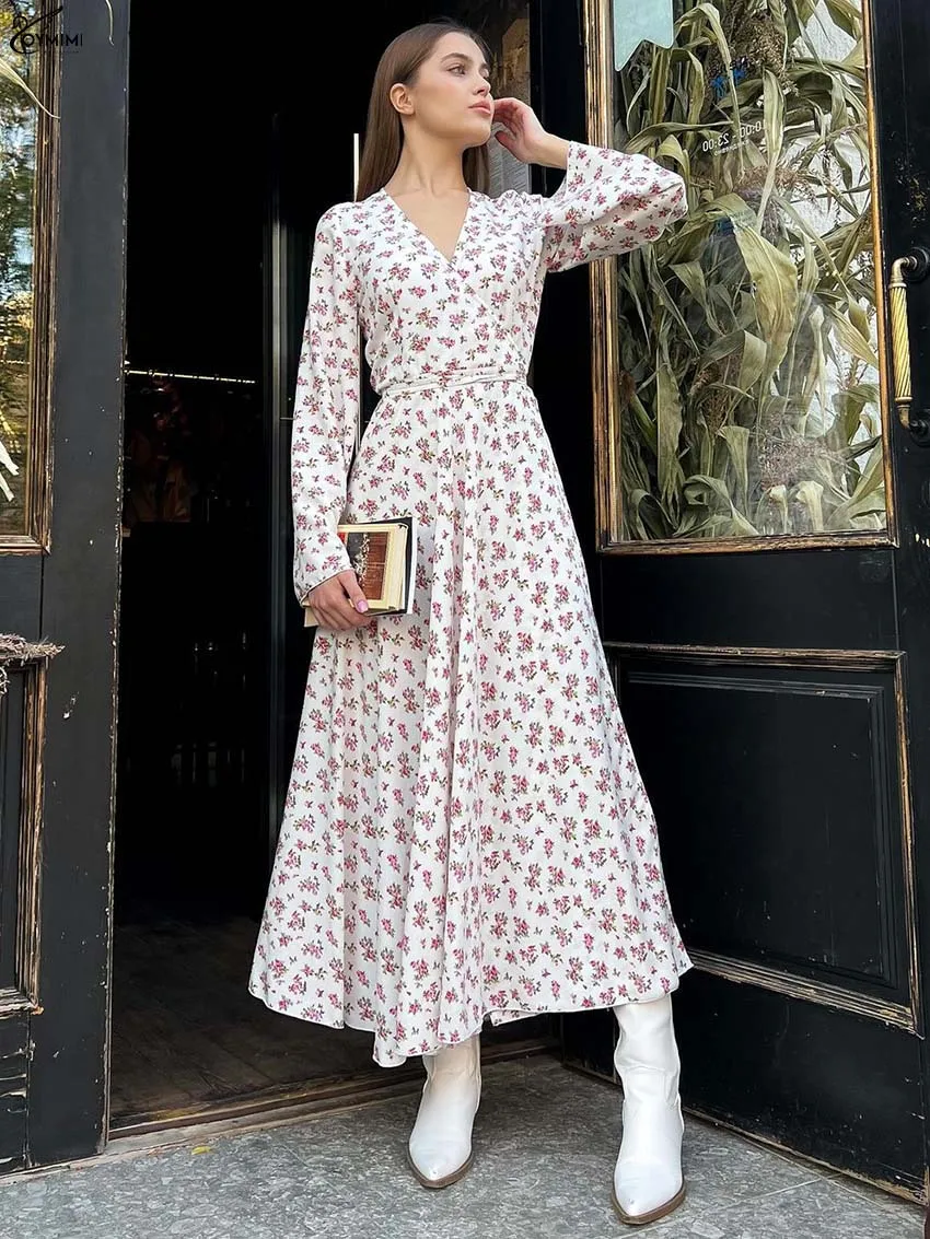 

Oymimi Fashion White Print Womens Dresses Elegant V-Neck Long Sleeve Lace-Up Dresses Casual High Waist Loose Ankle-Length Dress