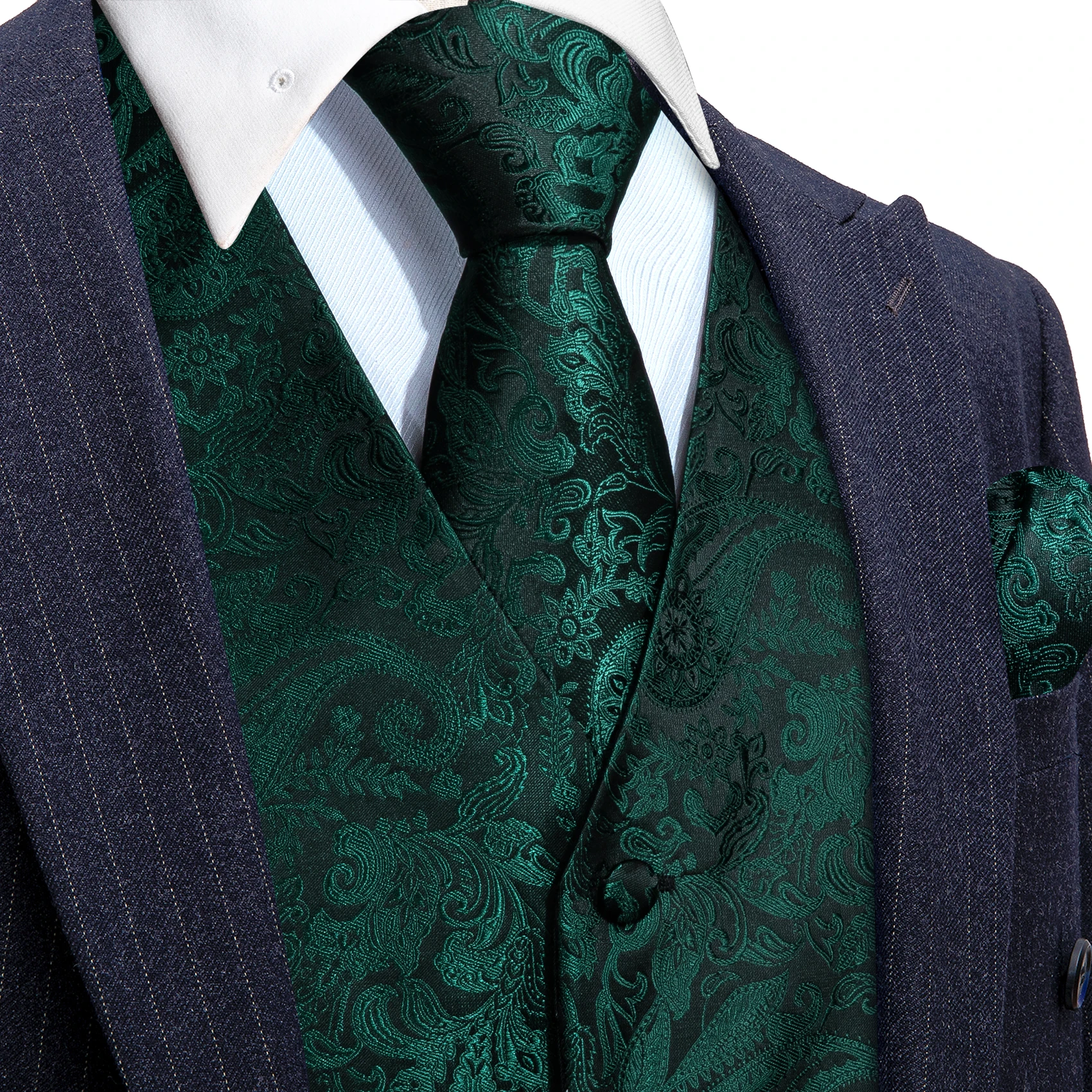 Luxury Mens Vest Suit Green Paisley Flower Slim Fit Male Dress Sleeveless Formal Work Waistcoat Tie Hanky Gilet Barry Wang