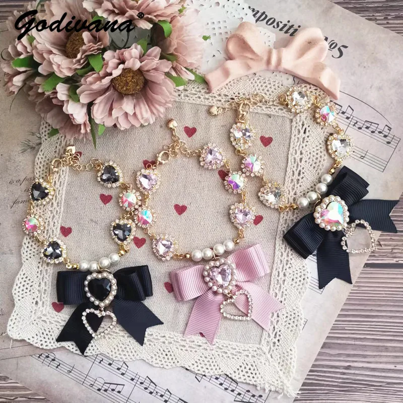 Beads Accessories for Women Japanese Style Sweet Cute Lady Bracelets Girl Love Heart Bow Tie Rhinestone Beaded Bracelet