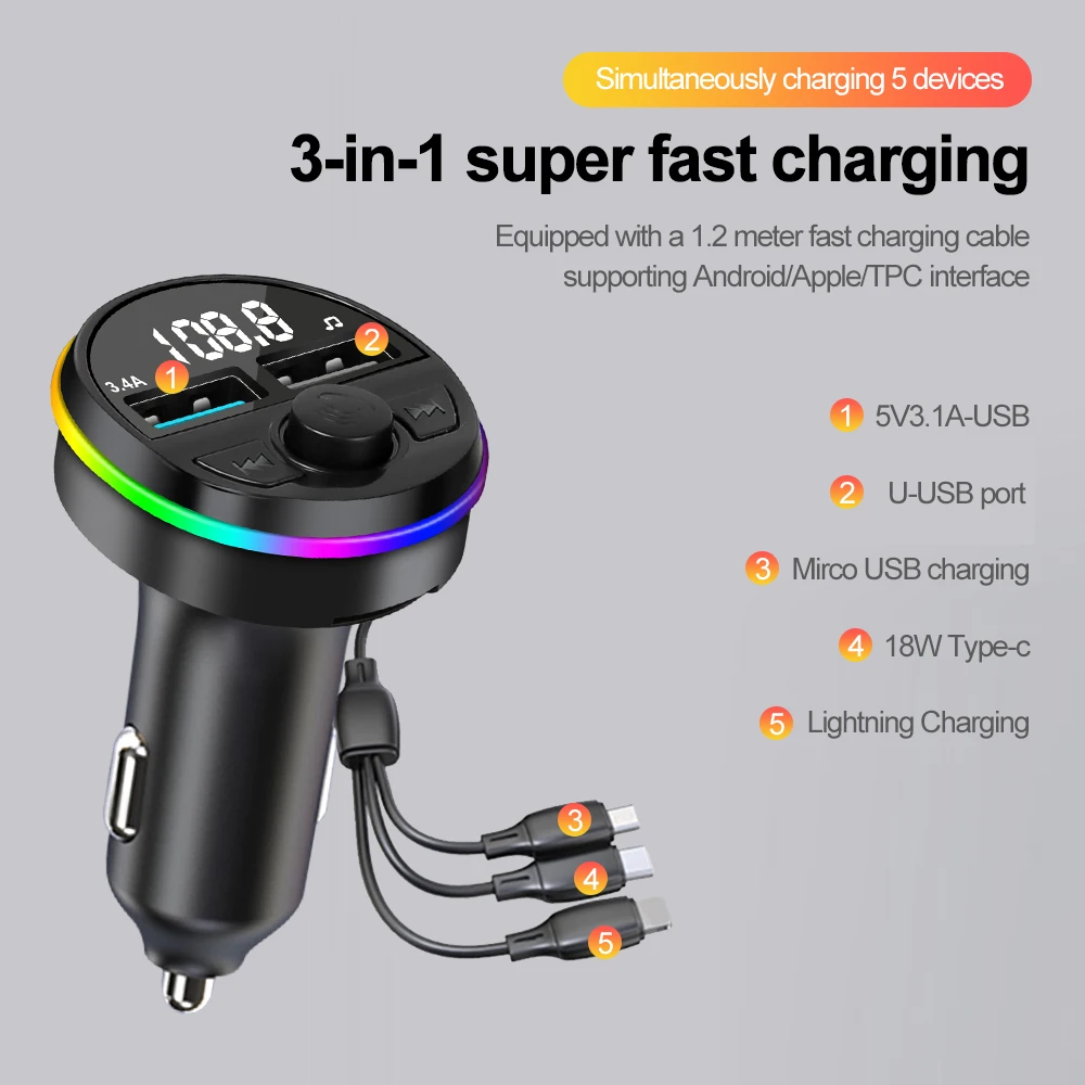 

3 IN 1 Dual USB With Cable Car Charger Fast Charging Adapter Type C FM Transmitter Handsfree Call Bluetooth Music Kit