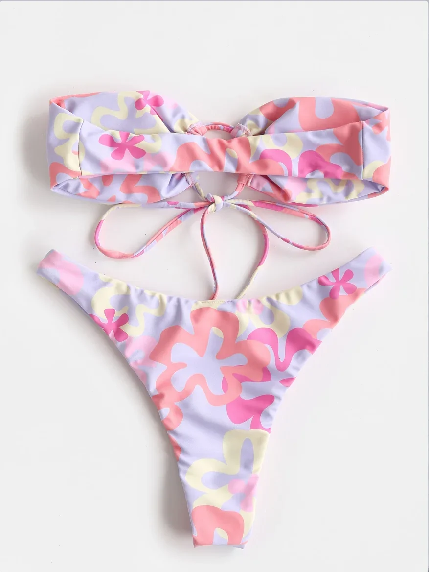 Esportes surf impresso frente cordão banheira superior sutiã e fundo alto férias primavera quente senhoras conjunto de maiô