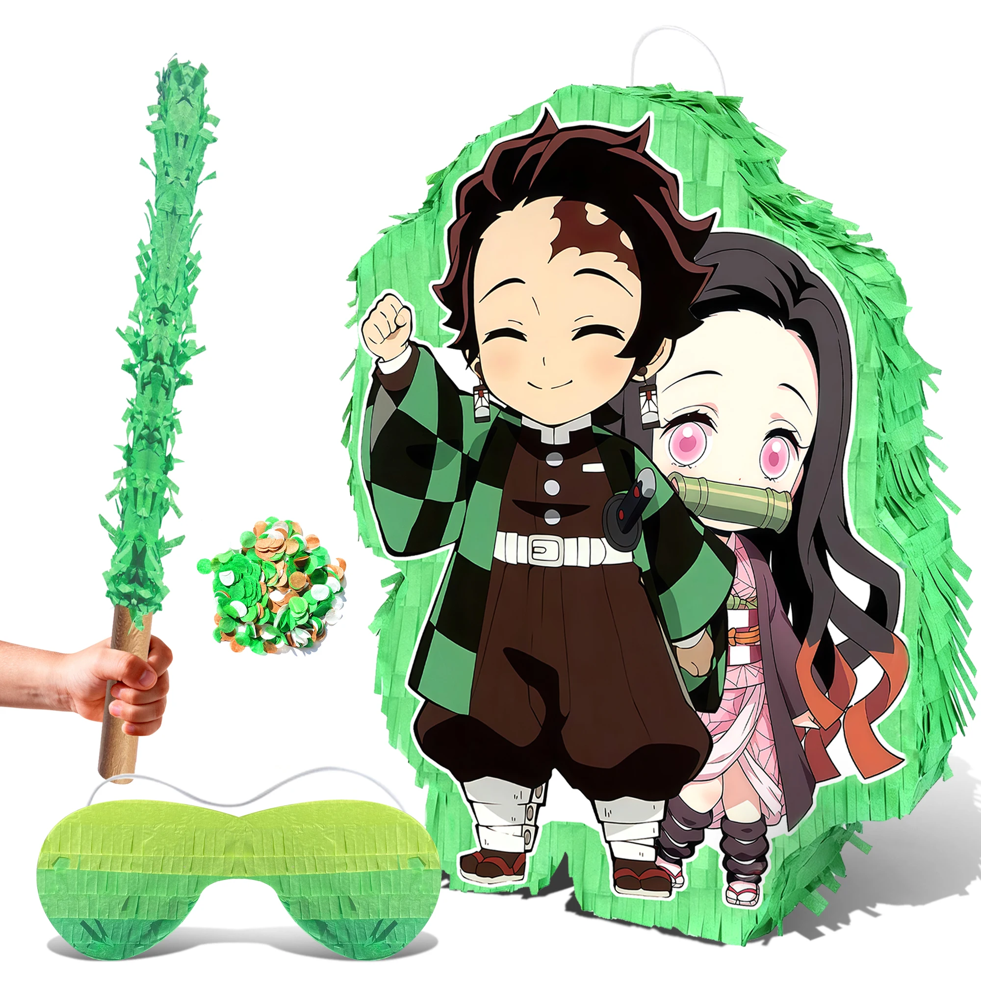 

Набор из 4 пиньят Демон Слайер: пиньята в стиле Демон Слайер, повязка на глаза, палка для пиньяты и другие принадлежности для дня рождения в стиле Демон Слайер.