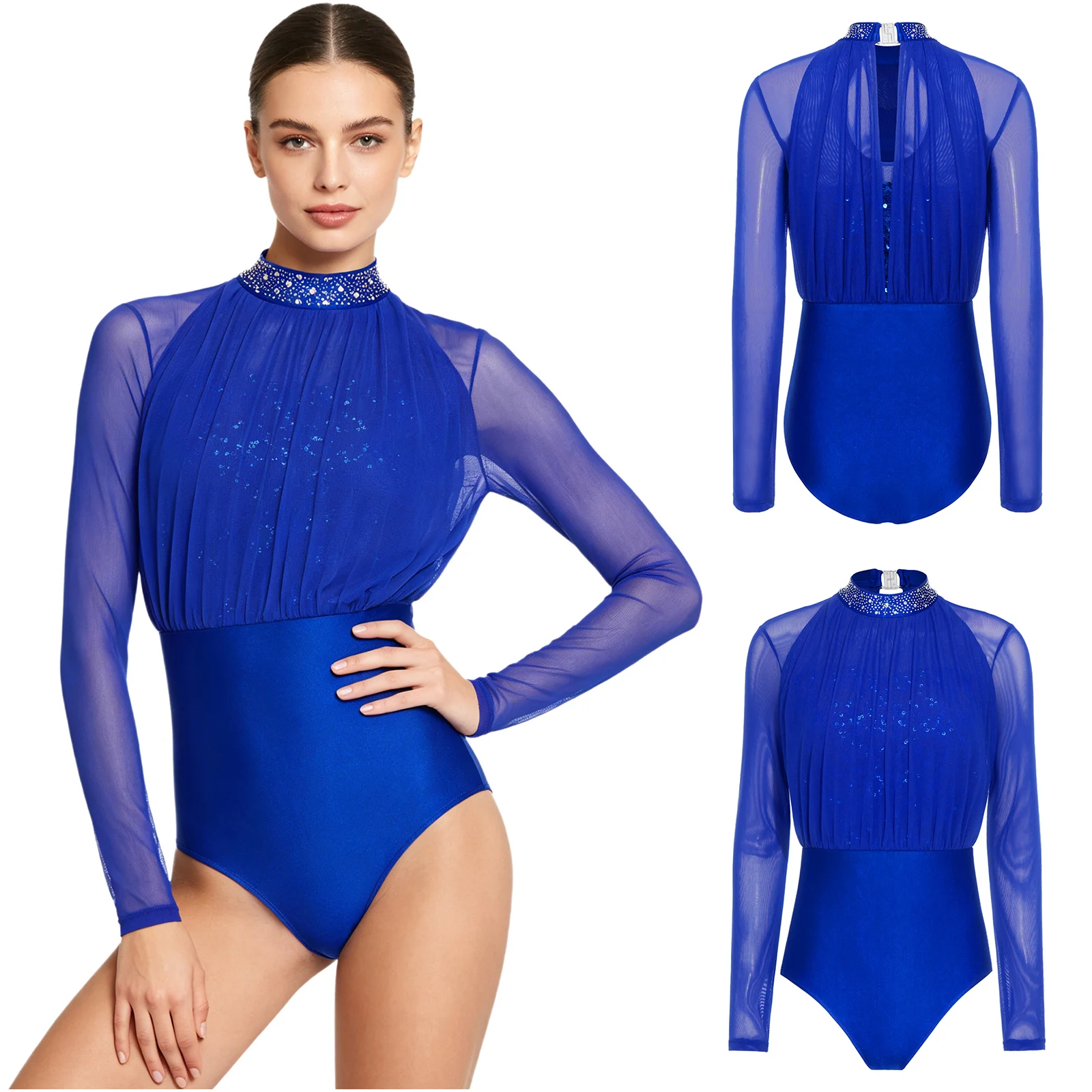 Women Long Sleeve Sequin Rhinestones Mesh Figure Skating Gymnastics Ballet Leotard Latin Dance Cha-cha Samba Tango Bodysuit