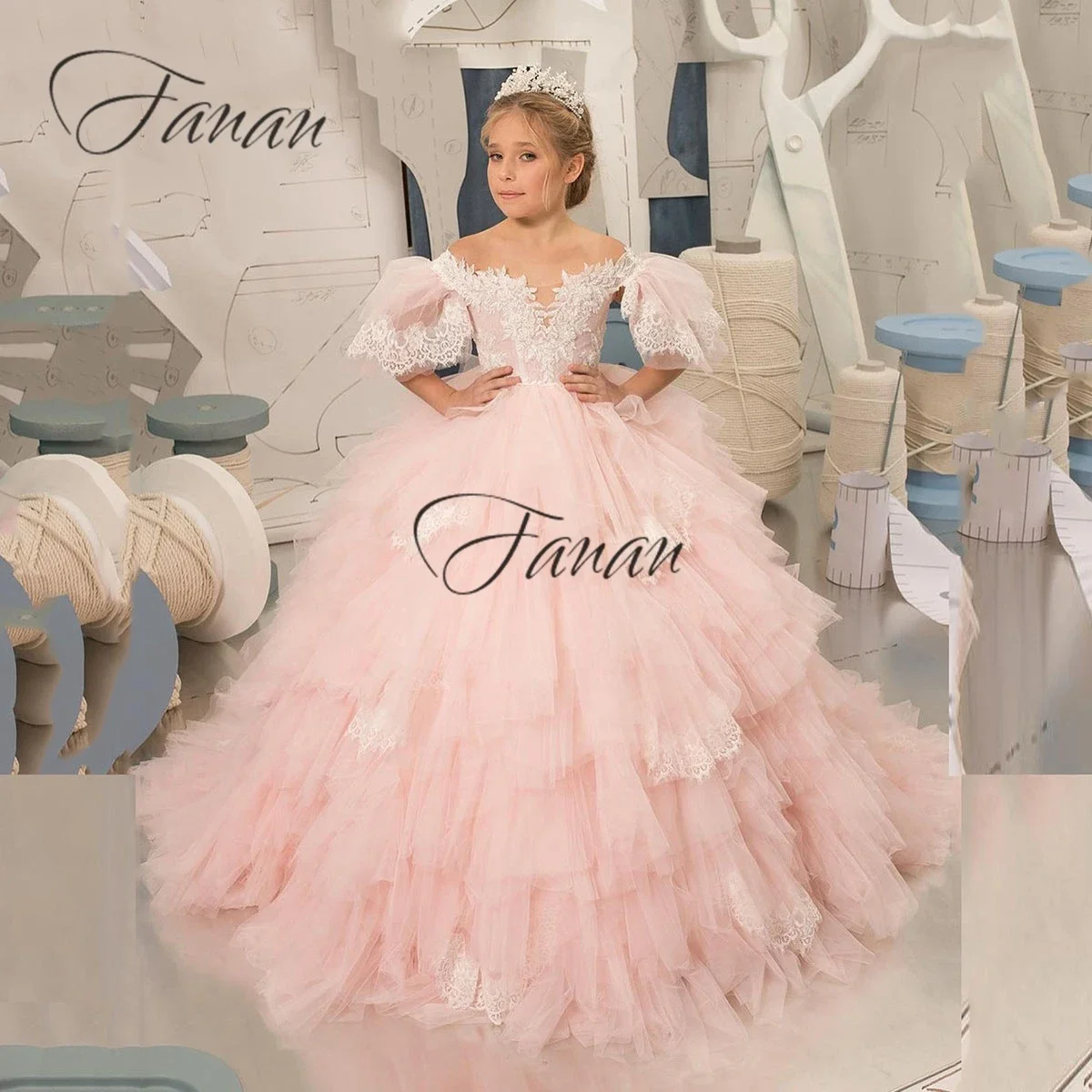 Customized Luxury Puffy Sleeve Flower Girl Dresses  Floor Length Pink Princess Ball Gown For Wedding Party Kids A-Line Comunion 