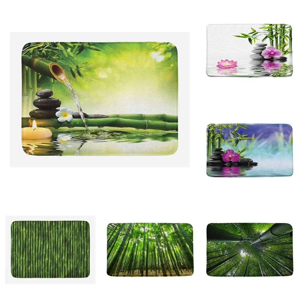 

Green Bamboo Zen Stone Bath Mat Non-Slip Pink Lotus Flower Forest Scenery Memory Foam Bathroom Shower Rug Kitchen Doormat Carpet