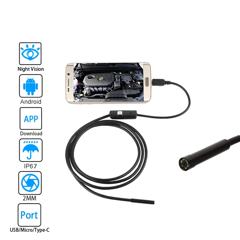 Newest 5.0mm USB Type-C Endoscope Camera Android PC 2m Hard Wire Snake Inspection Scope Borescope Camera