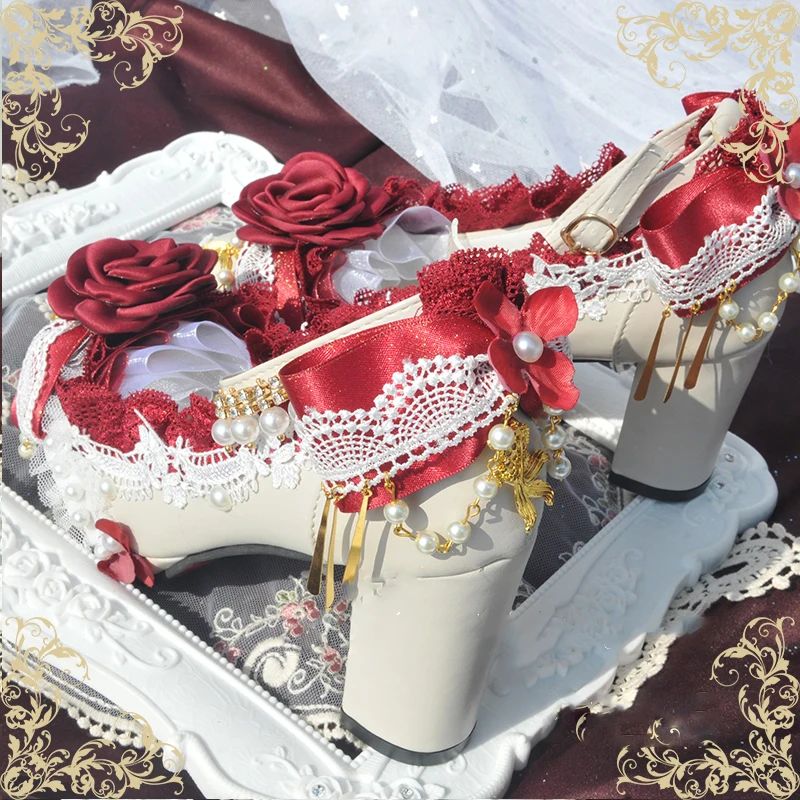 Lolita Hoge Hakken Vrouwen Chinese Stijl Fantasy Rose Boog Cosplay Prestaties Party Props Zomer Jurk Rode Prinses Schoenen