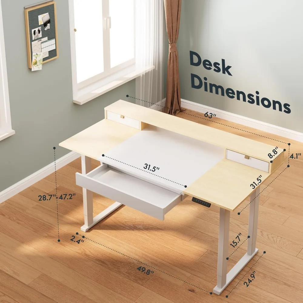 مكتب قائم كهربائي مع أدراج، مكتب كمبيوتر قابل للتعديل بارتفاع 63 × 32 بوصة، مكتب قائم للمكتب المنزلي مع 3 ارتفاعات مسبقًا