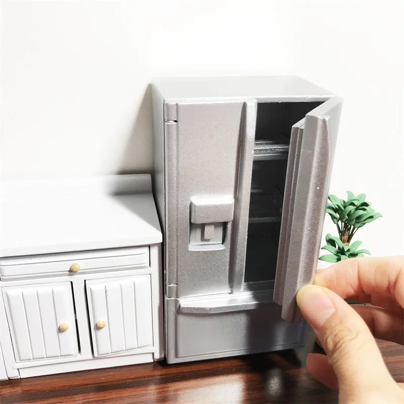 1:12 Dollhouse Mini Refrigerator Model Miniature Items Two-door Double Fridge Decoration BJD Doll House Accessories Kitchen Toys