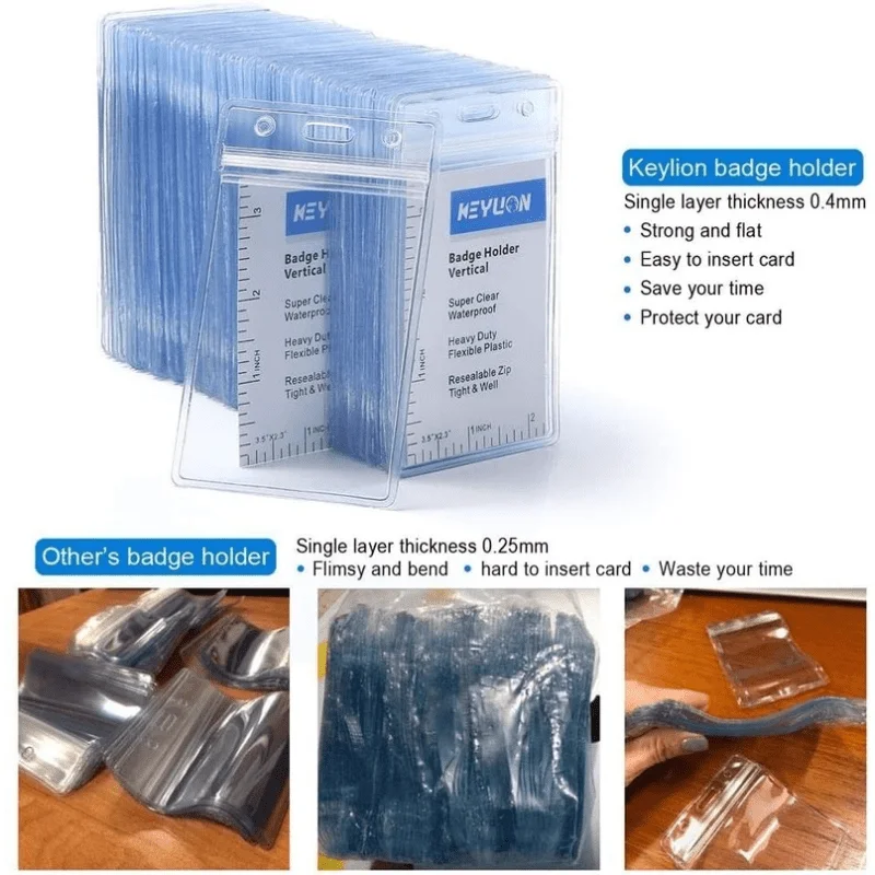 10Pcs ID card nameplate clips, heavy-duty transparent plastic PVC vertical sleeve bag, waterproof and resealable zipper