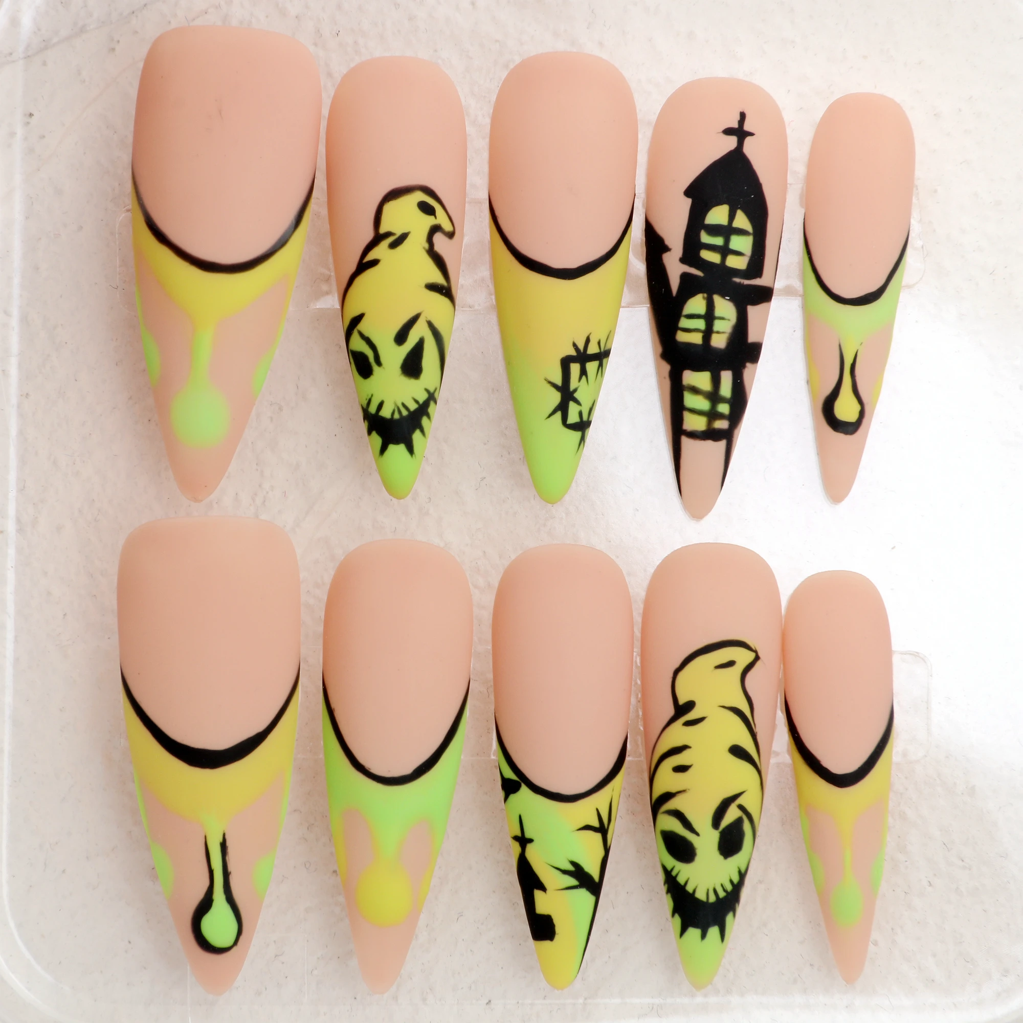 10Pcs Handmade  Scary Night City Halloween Press On Nails,Acrylic Fake Custom Hand-painted Ghost Perfect Spooky Press-On Nails